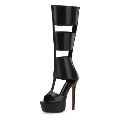 Fancy Queen Platform Knee High Heels for Women, Gladiator Open Toe Summer Boots Black Heels Sandal, Sexy Style Casual for Party