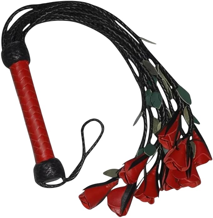 Real Leather Flogger 09 Braided Red Rose | Whip 18 Inch Equestrian Horse Riding Crop | Green Petals Cat O Nine Costumes Equestrian Horse Whip