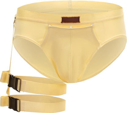 BSZN Men's Sexy Briefs, Cream Yellow Detachable Leg Strap Sexy Men Underwear, Mid High Rise Front Snap Open Pouch Vintage Metal Role Play Sexy Lingerie from L-Night Authority Badge Collection