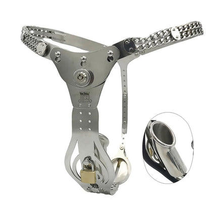 Stainless Steel Push Lock Version Male Chastity Belt with cage Adjustable Chain Detail Pants Waist 76-100cm (Black with Butt Plug)