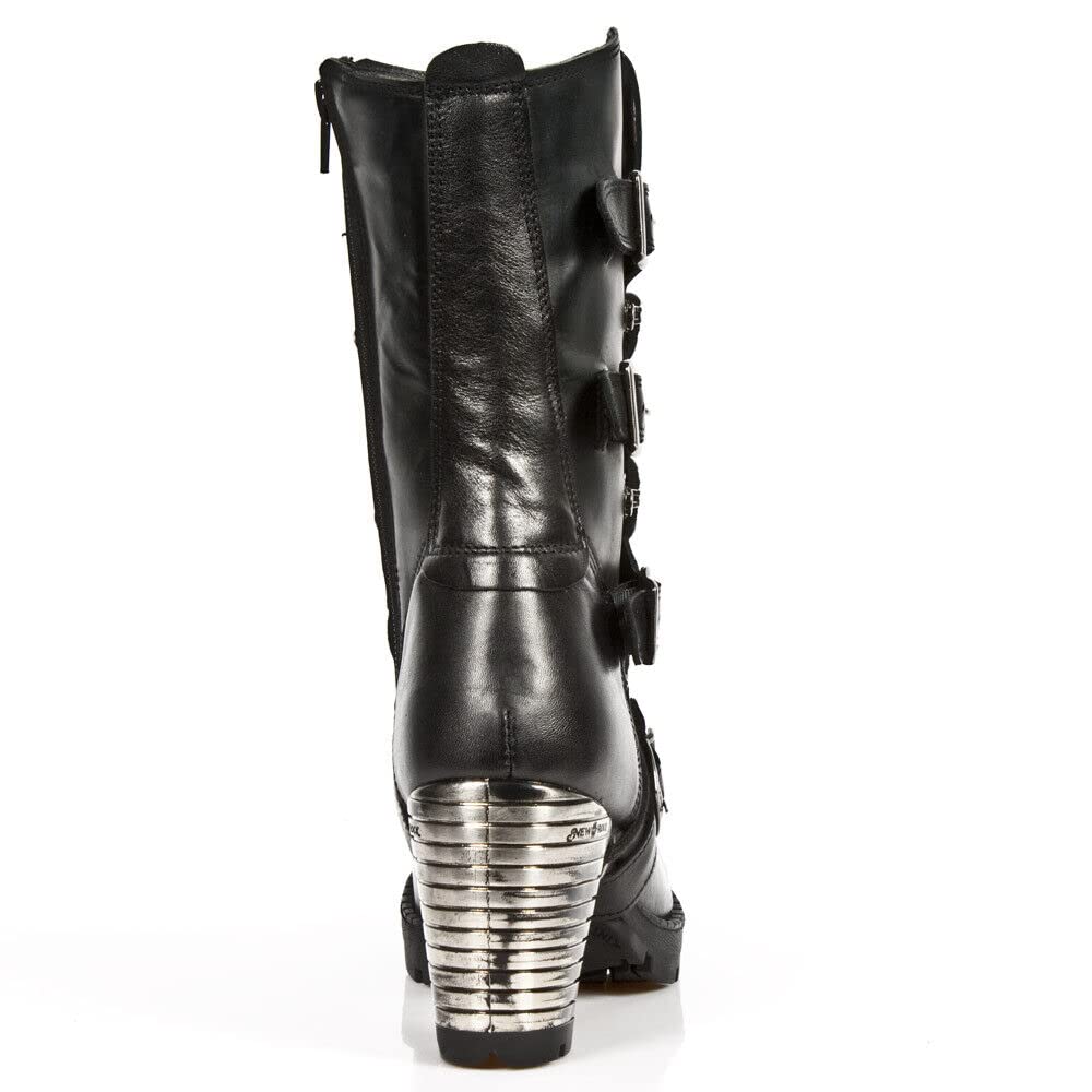 New Rock Boots TR003-S1 Ladies Metallic Black Leather Biker Heel Goth Punk Shoes Ankle Fashion Boots 38