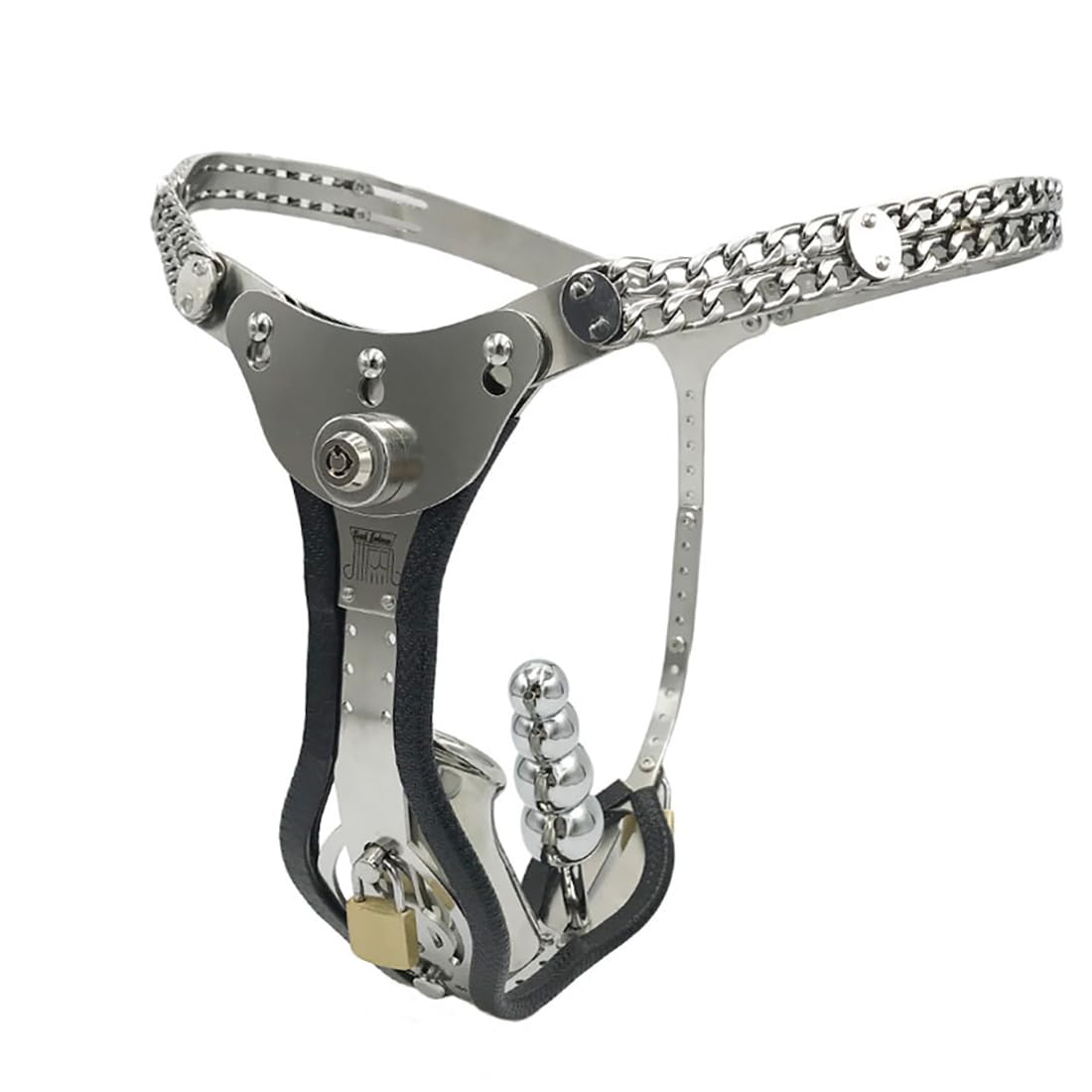 Stainless Steel Push Lock Version Male Chastity Belt with cage Adjustable Chain Detail Pants Waist 76-100cm (Black with Butt Plug)