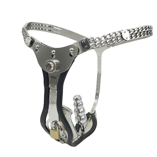 Stainless Steel Push Lock Version Male Chastity Belt with cage Adjustable Chain Detail Pants Waist 76-100cm (Black with Butt Plug)
