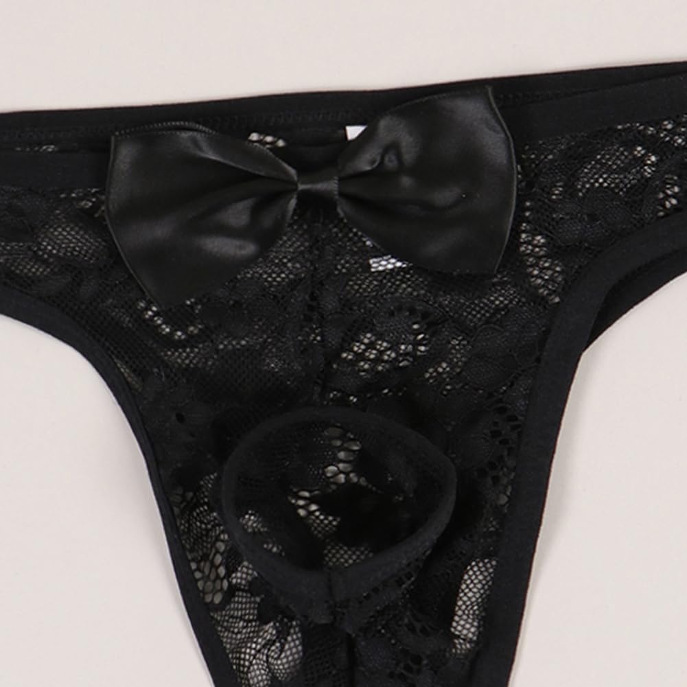 Mens Sexy Lace Underwear Open Front See Through Panties Low Rise Bikini Briefs 1-2 Pack(M720-Black-L
