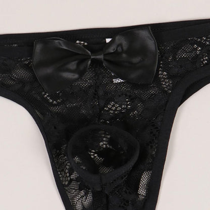 Mens Sexy Lace Underwear Open Front See Through Panties Low Rise Bikini Briefs 1-2 Pack(M720-Black-L
