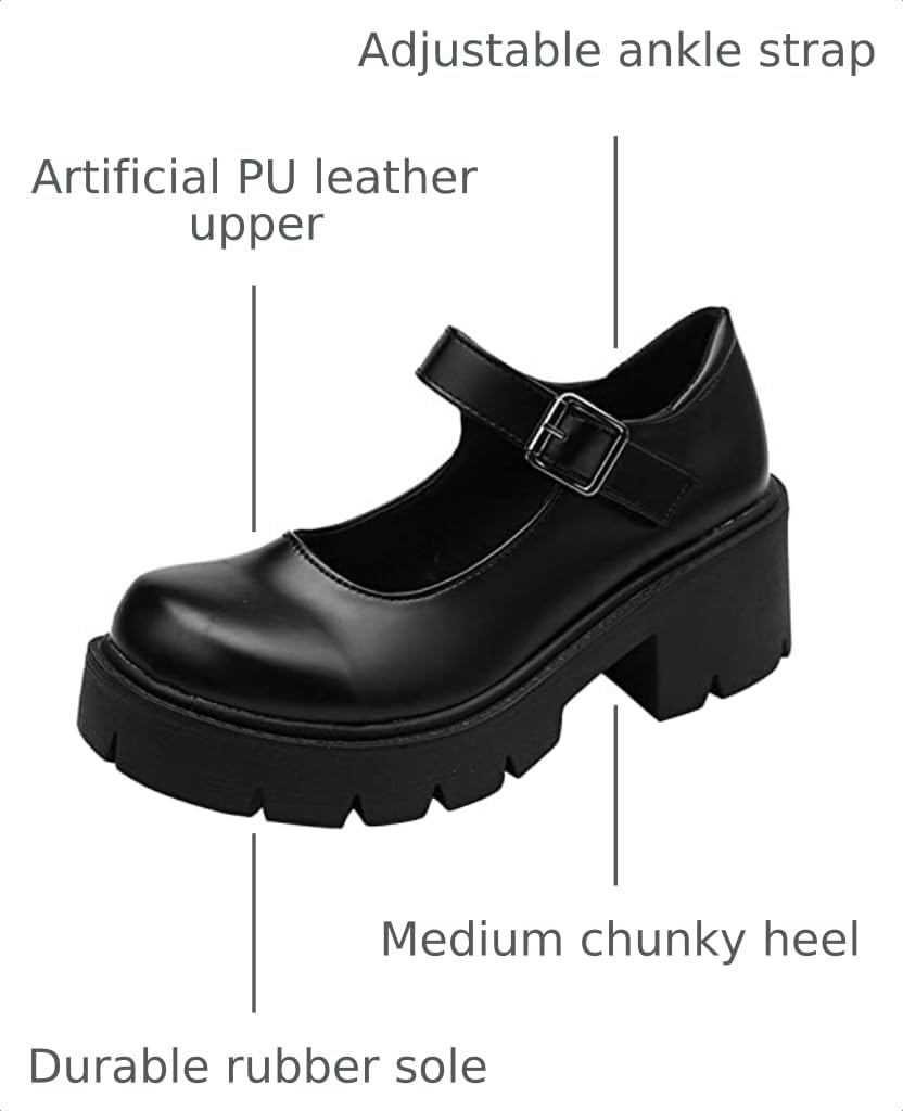 Women's Platform Mary Janes Chunky Heel Ankle Strap Uniform Dress Shoes Heeled Gothic Lolita Oxfords (7.5, Single Strap-Matt Black)