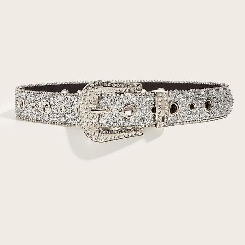 NociHah Silver Rhinestone-Belt Western-Cowgirl-Cowboy-Belts Vintage Bling Crystal Diamond Studded-Leather-Belt for Jean Pants (Silver)