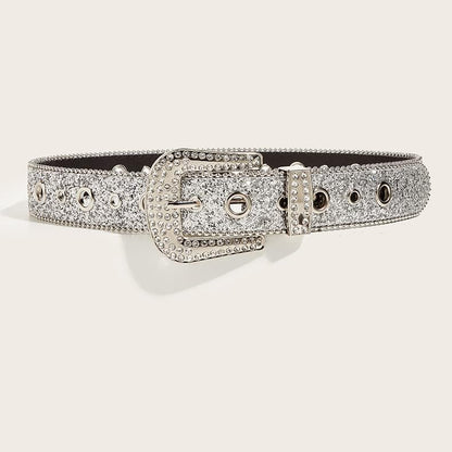 NociHah Silver Rhinestone-Belt Western-Cowgirl-Cowboy-Belts Vintage Bling Crystal Diamond Studded-Leather-Belt for Jean Pants (Silver)