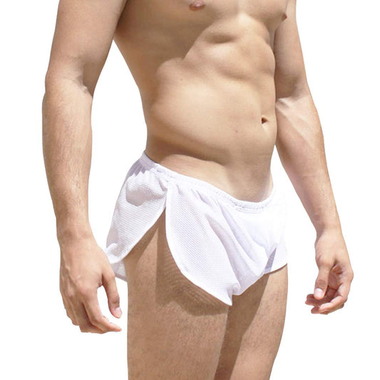Men's Split Side Short Shorts Sexy Breathable Large Split Sides Mesh Athletic Shorts White XL