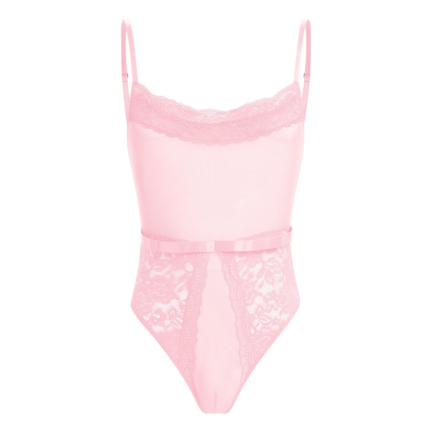 Men's Sissy Lingerie Bodysuit Sheer Lace Mesh Spaghetti Strap Cami Leotard Crossdress Underwear Pink Medium