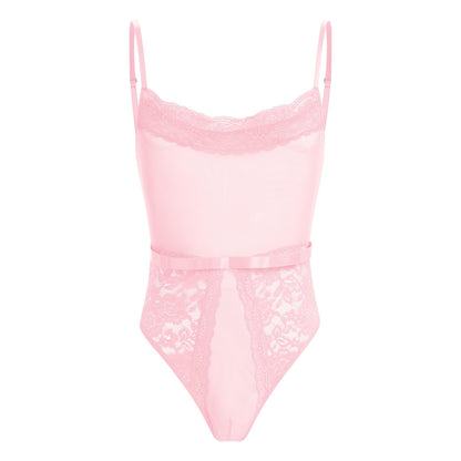 Men's Sissy Lingerie Bodysuit Sheer Lace Mesh Spaghetti Strap Cami Leotard Crossdress Underwear Pink Medium