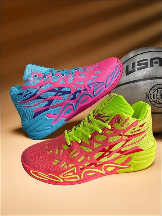 Y2K Basketball Boots Mesh Breathable Fire Stylish Shoes for Sports and Casual Wear with Unique Flame Design Mid-Top Casual Ankle (Blue+Green,8)