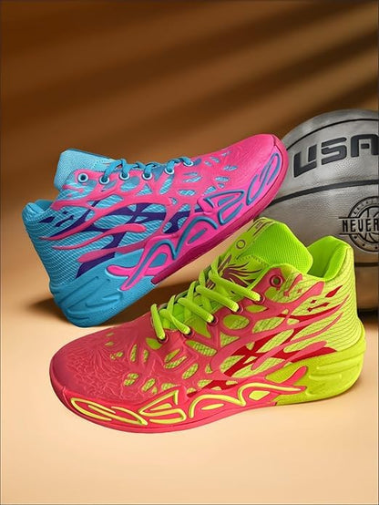 Y2K Basketball Boots Mesh Breathable Fire Stylish Shoes for Sports and Casual Wear with Unique Flame Design Mid-Top Casual Ankle (Blue+Green,8)