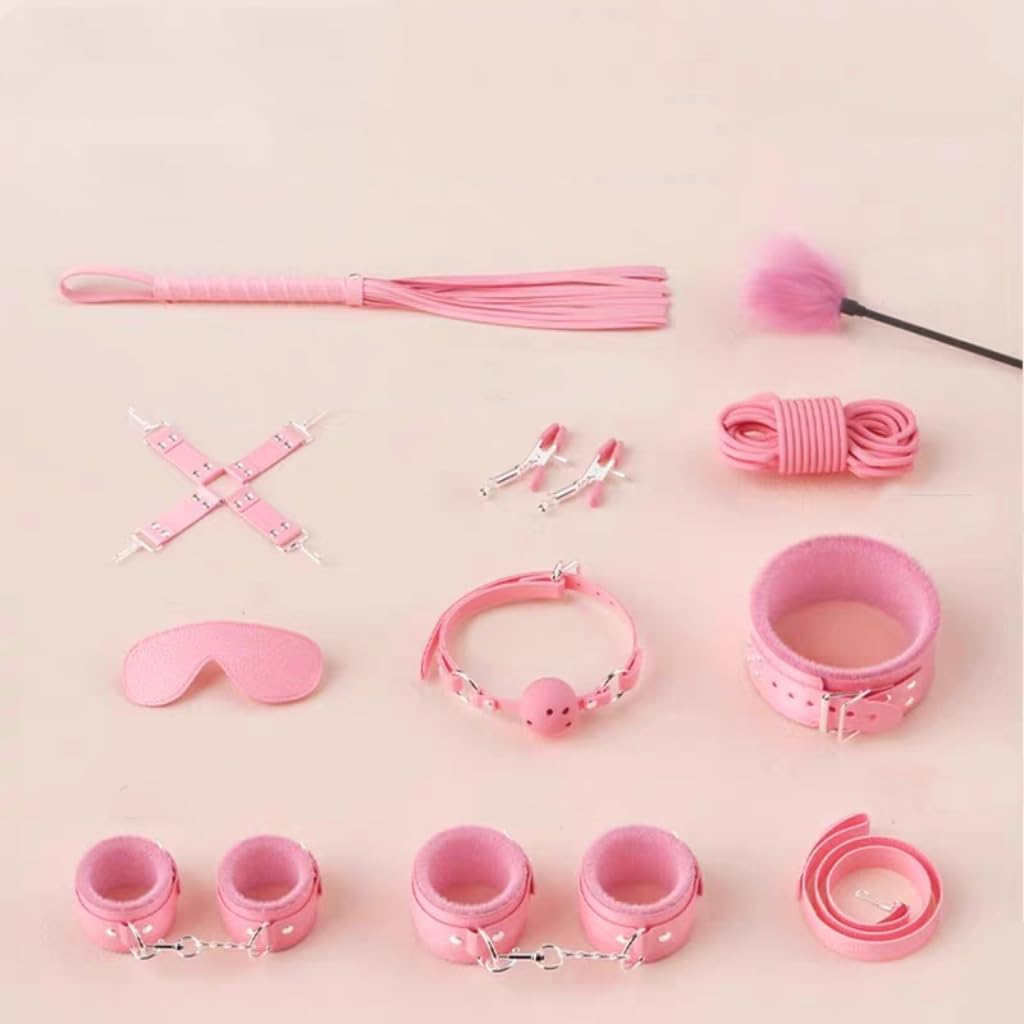 12Pcs BDSM Kit Toys Sex Bondage Restraints Butt Plug Tail Cat Ears Nipple Clamps Blindfold Handcuffs Collar Paddle Anal Butt Plug Sex Toys for Couple (Pink)