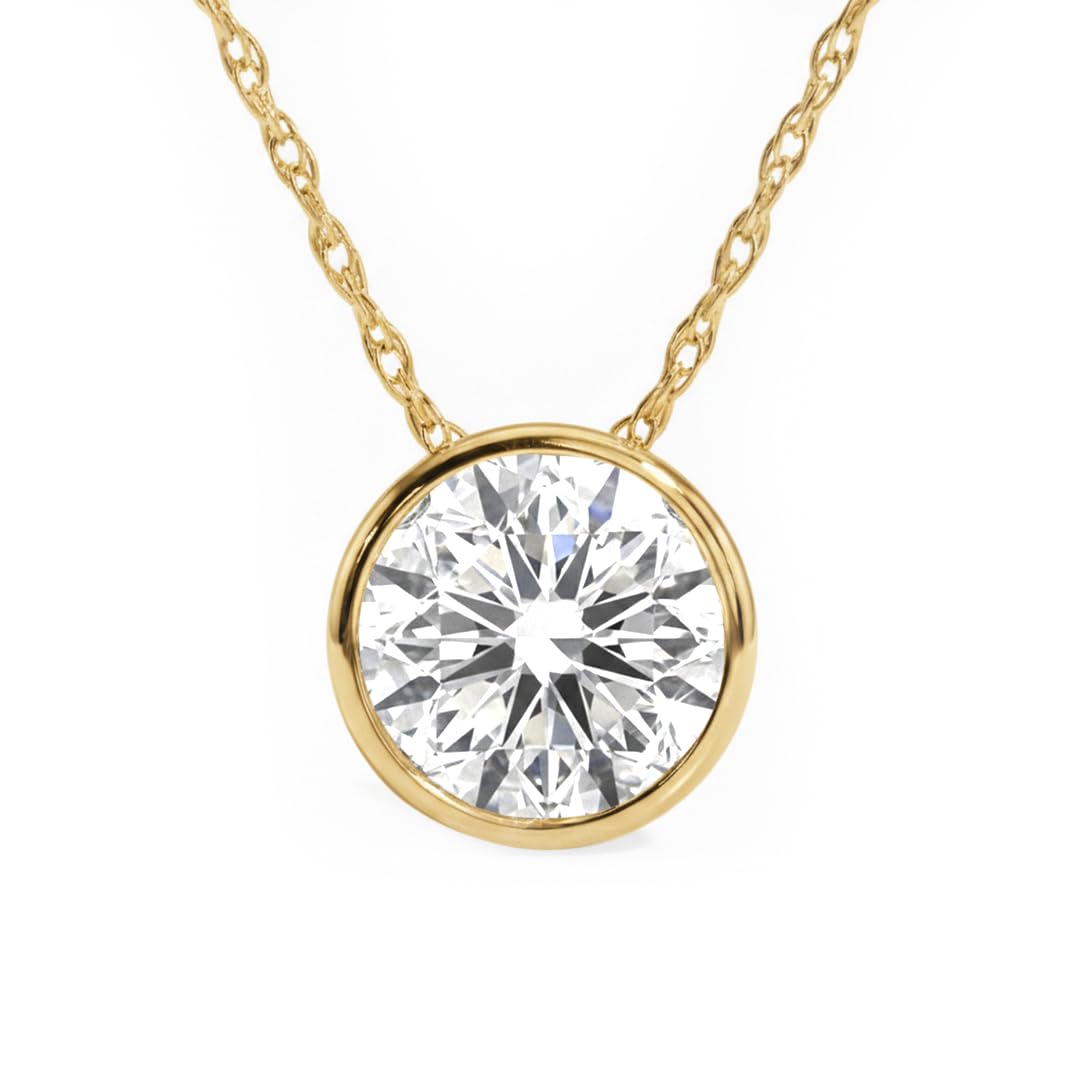 La Joya Bezel Set Necklace | 2 Carat Lab Created Diamond Necklace | Solid 10 Karat Yellow Gold Solitaire Floating Diamond Pendant | Certified by Gemologist | Ideal Diamond Jewelry for Women