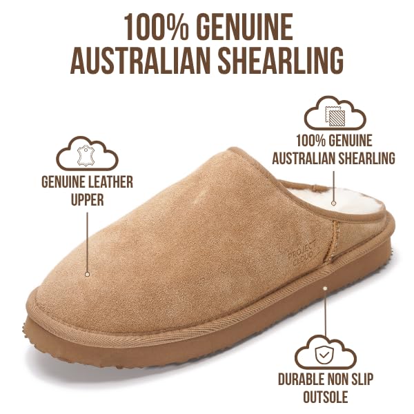 Project Cloud Mens Slippers 100% Genuine Leather and Genuine Shearling Lining – House Slippers for Men with Memory Foam Insole – Lightweight & Non Slip Mens House Shoes (Chill,CHSTNUTSUEDE,7.5)
