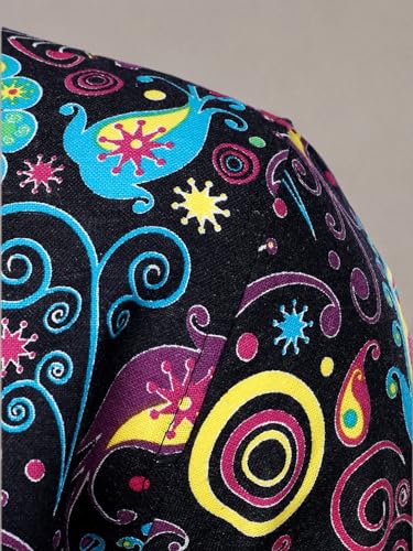 PARKLEES Men's Stylish 70s Paisley Pattern Printed Linen Long Sleeve Button up Shirt Multicolor Large