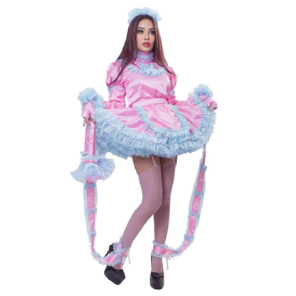 Sissy Satin Maid Dress Set Bag Ribbon High Neck Long Sleeve Cosplay Costume Custom Pink