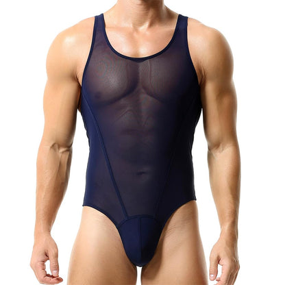 FYMNSI Men's Sheer Mesh Leotard Underwear See Through Sleeveless Thong Undershirt Bodysuit Fishnet Fitted Wrestling Singlet Jumpsuit Thongs Workout Muscle Shirt Tops Nightwear Clubwear Navy Blue M