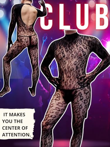 EHSUYAB Rave Outfits For Men, Festival Party Clubwear, Leopard One Piece Full Lace Jumpsuit, Sexy Lingerie Costume Bodysuit One Size Black
