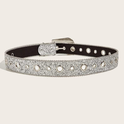 NociHah Silver Rhinestone-Belt Western-Cowgirl-Cowboy-Belts Vintage Bling Crystal Diamond Studded-Leather-Belt for Jean Pants (Silver)