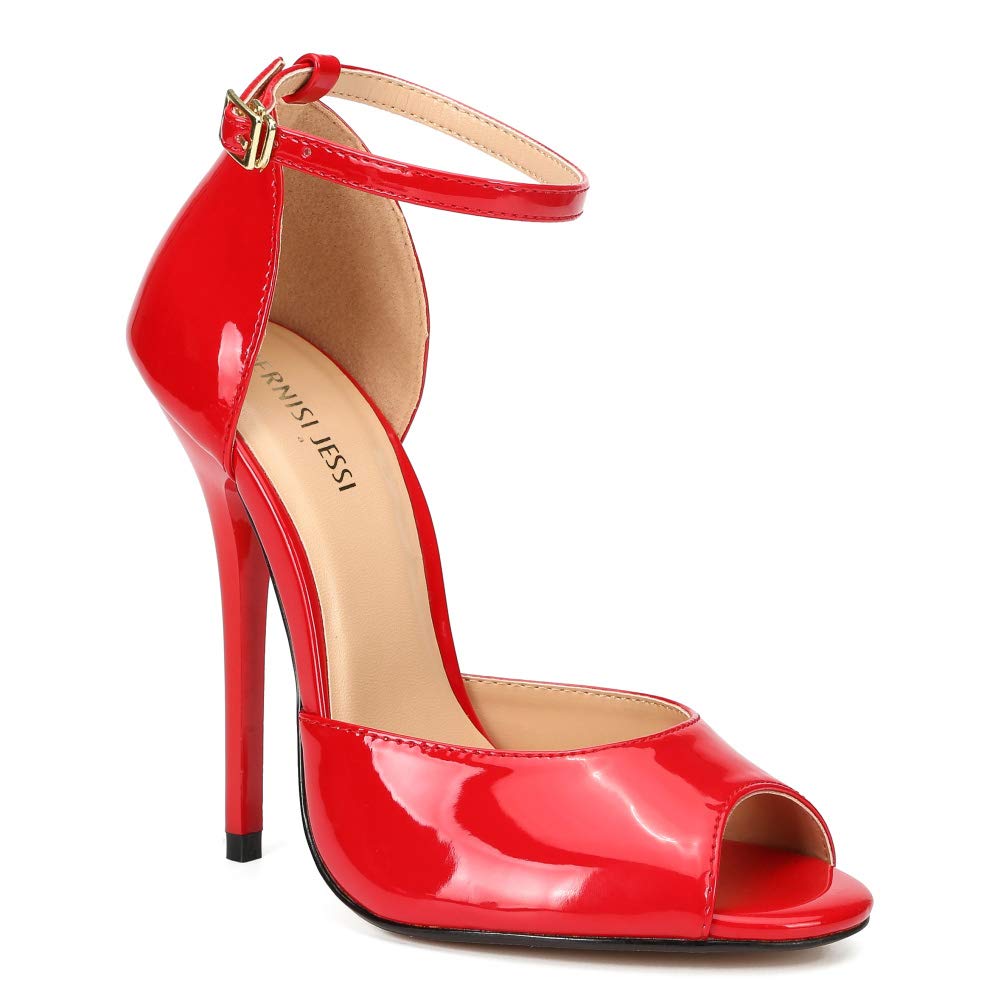 Unisex Men's Women's Peep Toe Stiletto Heels, Ankle Strap Sandals, D'Orsay Style, 5.1-Inch Heel Patent Red EU45 - size 13 Women/11.5 Men