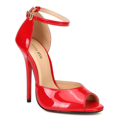 Unisex Men's Women's Peep Toe Stiletto Heels, Ankle Strap Sandals, D'Orsay Style, 5.1-Inch Heel Patent Red EU45 - size 13 Women/11.5 Men