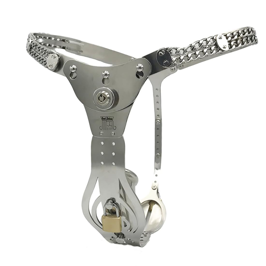 Stainless Steel Push Lock Version Male Chastity Belt with cage Adjustable Chain Detail Pants Waist 76-100cm (Black with Butt Plug)