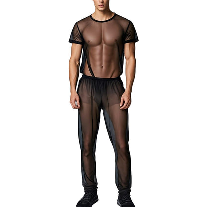 YINYOUYU Mens Mesh Pants See Through Underwear Pajama Bottoms Lounge Home Leggings Sleepwear Cool Dry Yoga Trousers XXL Black