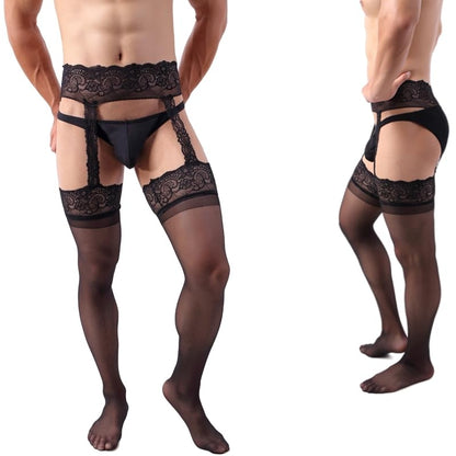 Men’s Tights Suspender Pantyhose Sissy Sexy Lingerie Stockings Garter Belt Set for Men