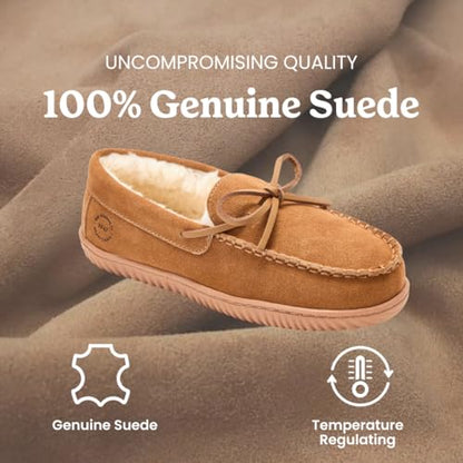 Dearfoams Suede Indoor Outdoor Harriet Moccasin Shoe House Womens Slippers, Chestnut, 7