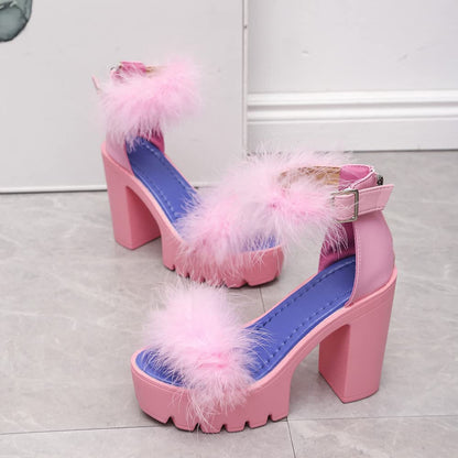 Women Faux Fur Chunky Heel Sandal Ankle Strap Dress Heel Pink 9