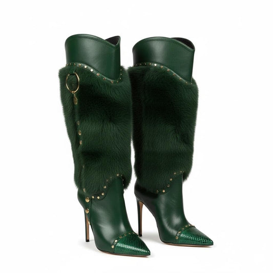 Green Premium Over-The-Knee High Heel Boots for Women - Pointed Toe, Stiletto Heel, Faux Fur, PU Leather, Perfect for Parties and Performances 8.5