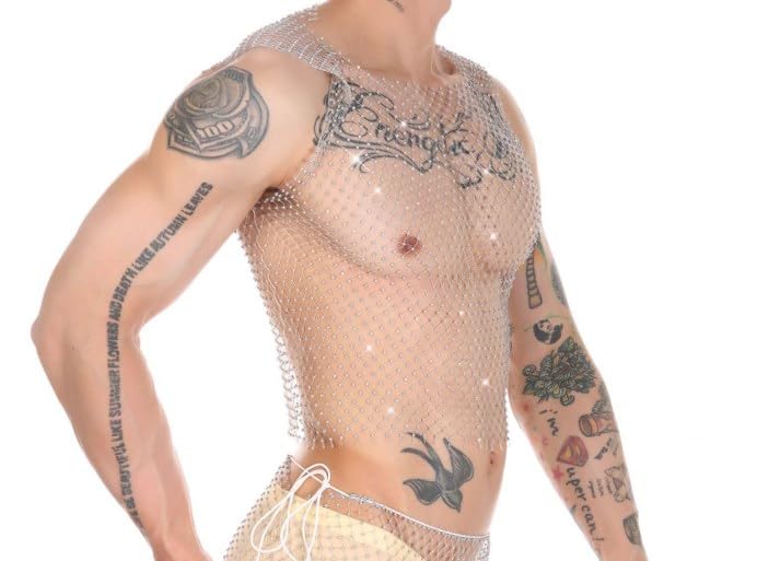 Men's Rave Outfit Sheer Rhinestone Top Sleeveless Tanks Crop Top Fishnet Vest Self-tie Wrap Mini Skirt Silver-top Medium