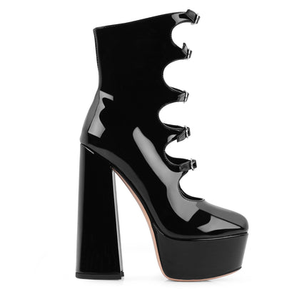 Black Platform Boots for Women, Black Patent Leather Chunky Platform Heels Goth Boots, Strap Buckle Side Zipper Gothic Block Heels