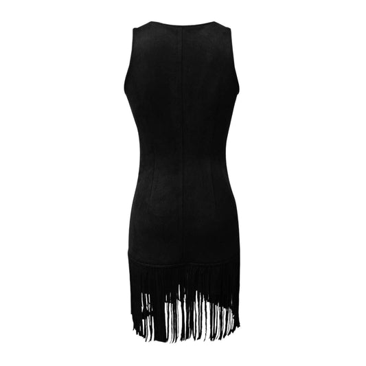 Western Cowgirl Dress for Women Sexy Button V Neck Sleeveless Vintage Tassel Fringe Suede Mini Dresses