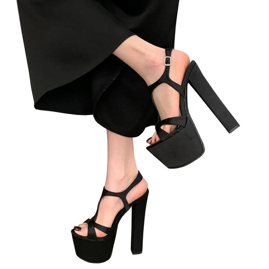 Black Strappy Heels for Women Sexy Open Toe Chunky Heels 6.3 Inch T-Strap Platform Heeld Sandals Party Prom Shoes (Black,7.5)