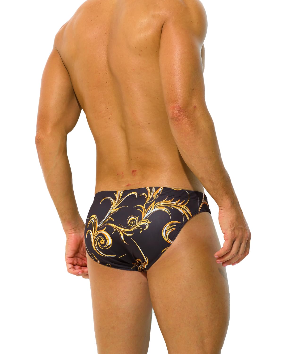PAIZH Mens Swim Briefs Sexy Printed Bikini Swimwear Low Waist Bathing Suit with Drawstring Black Gold L