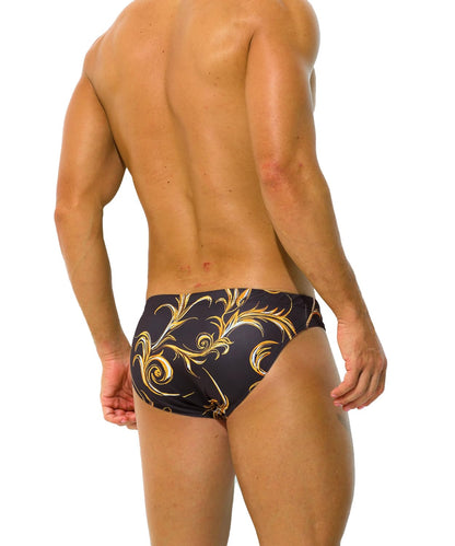 PAIZH Mens Swim Briefs Sexy Printed Bikini Swimwear Low Waist Bathing Suit with Drawstring Black Gold L