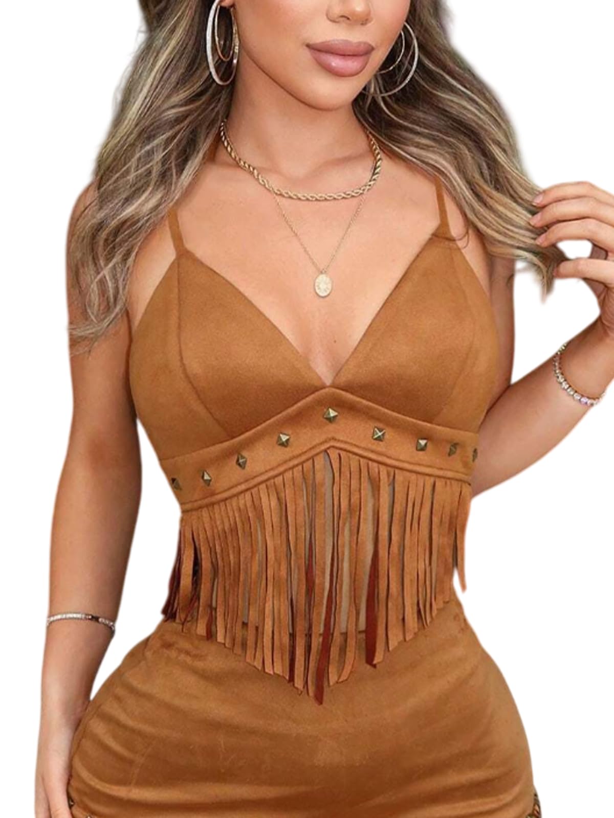 Women’s Western Cowgirl Fringe Top – Faux Suede Country Concert Outfits, Festival Rodeo Nashville Cowboy Cami Shirt (2513B, Brown, M)