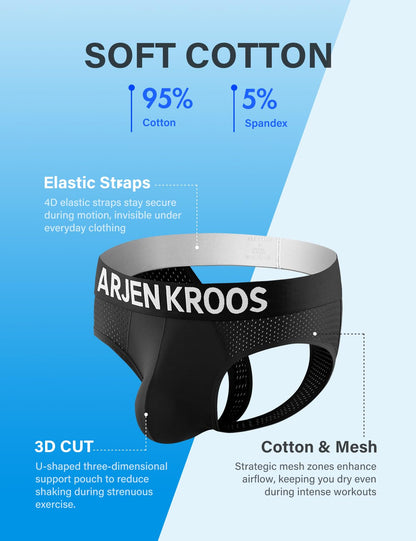 Arjen Kroos Men's Jockstrap Underwear Mesh Athletic Supporter Cotton Jock Strap Briefs,BLACK/WHITE/GREY(3-PACK)-AK2150,Large