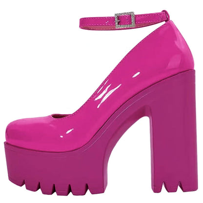 Goth Platform Crystal Ankle Strap Round Toe Pumps Hook Block Chunky Block High Heels Fashion Dress Shoes Evening Mary Jane Shoes Wrap Toe Sexy Party Dress Shoes