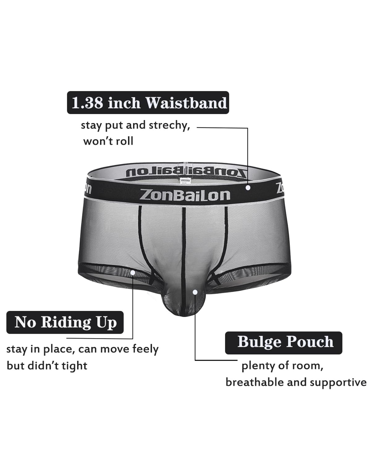 Mens Sexy Underwear Mesh Breathable Boxer Briefs See-Through Trunks Shorts Low Rise Seamless Black