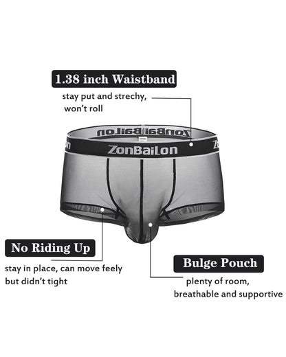 Mens Sexy Underwear Mesh Breathable Boxer Briefs See-Through Trunks Shorts Low Rise Seamless Black