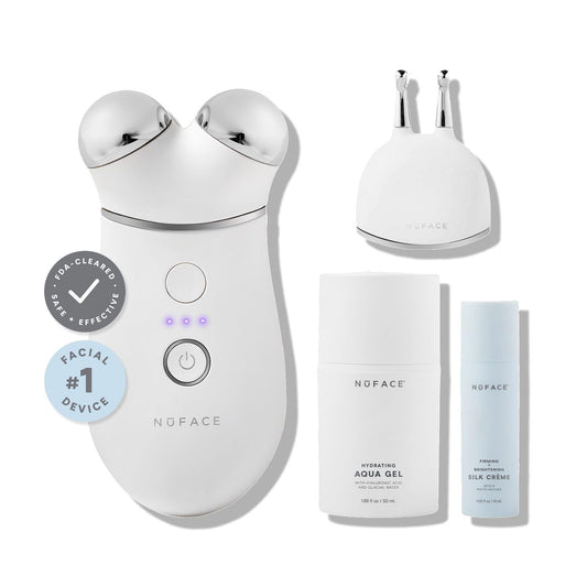 NuFACE Trinity+ Microcurrent Facial Device + Effective Lip & Eye Attachment - FDA Cleared Skin Tightening & Face Toning Device for Targeted Treatment + Microcurrent Gel Activator, Silk Crème & Brush