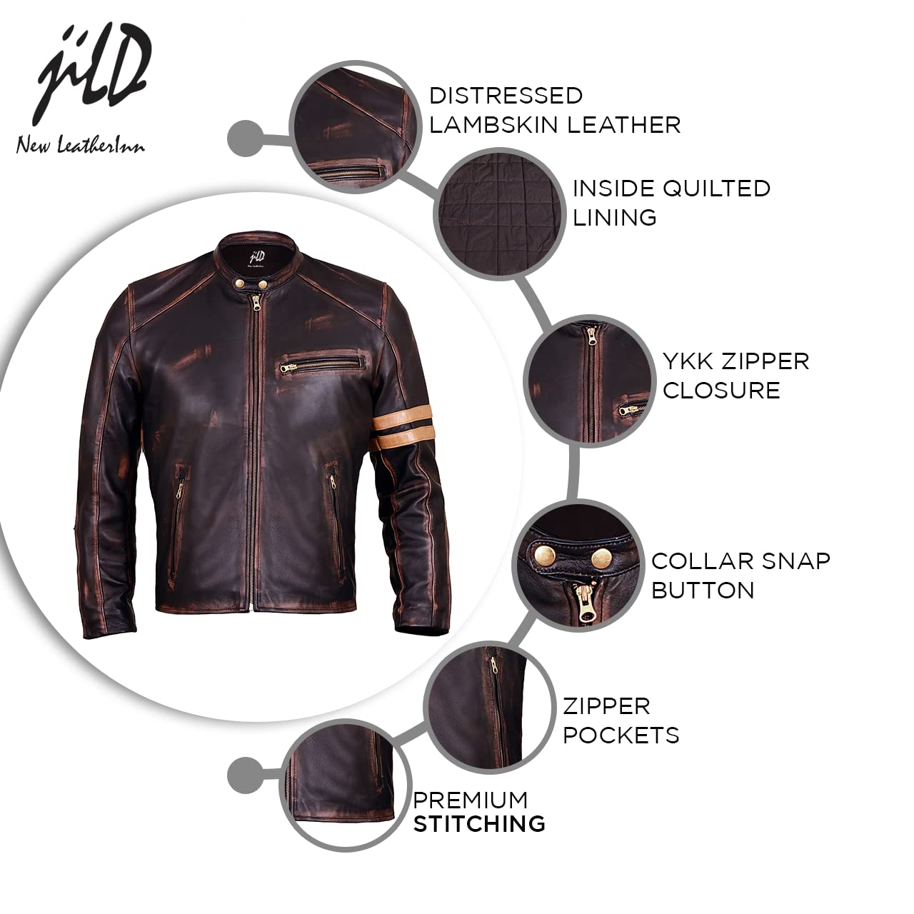 Jild Distressed Café Racer Brown Leather Jacket Men - Genuine Lambskin Leather Biker Style Mens Vintage Motorcycle Jacket (YP-Brn-L)