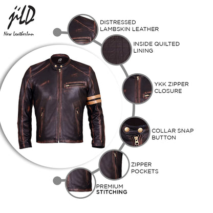 Jild Distressed Café Racer Brown Leather Jacket Men - Genuine Lambskin Leather Biker Style Mens Vintage Motorcycle Jacket (YP-Brn-L)