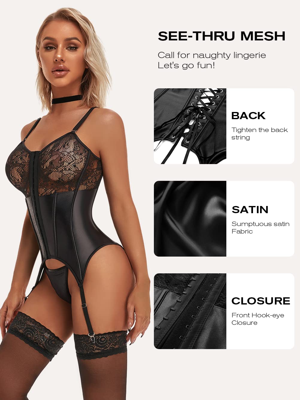 Women's Sexy Lace Lingerie Set with Garter Belt Bodysuit Teddy and Panty Corset Lingerie for Women Black