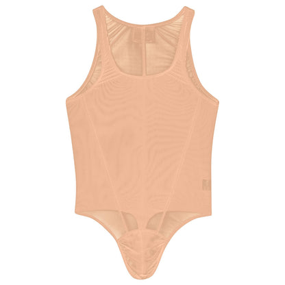 ABAFIP Men's Mesh Undershirts Bodysuit Sleeveless Sheer Tank Top Jumpsuit Fitness Mankini Jumpsuit Singlet Rave Tanks Apricot X-Large