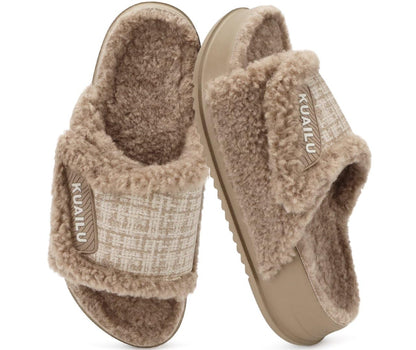 KuaiLu Cushion Slippers For Women with Orthopedic Arch Support Wide Adjustable Open Toe Platform Furry Fur Sandals Warm Teddy Fleece Recovery Slides Slip On House Shoes Indoor Outdoor, Beige US11